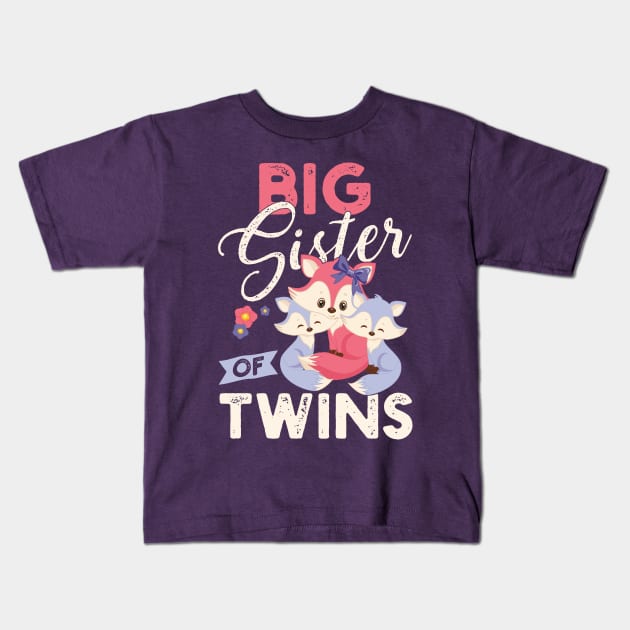 Big Sister of Twins Cute Baby Foxes Twin Sisters or Brothers Pregnancy Announcement Kids T-Shirt by CheesyB
